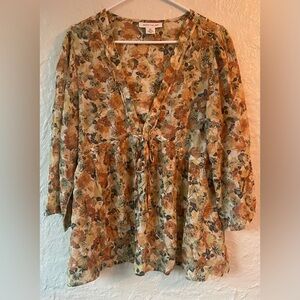 Skye’s The Limit rayon blend yellow brown gray babydoll style blouse; size XL